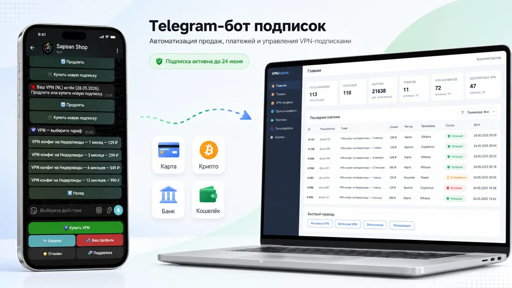 Subscription bot Telegram flow and admin dashboard preview - preview_rec